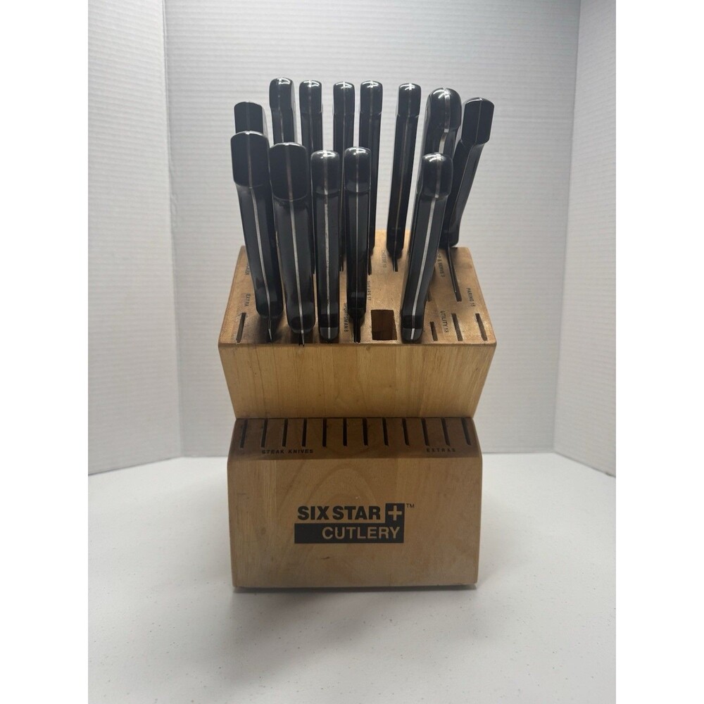 Ronco SIX STAR Cutlery 30 Slot Knife Block Solid Oak Wood Labeled W/ 13 Knives